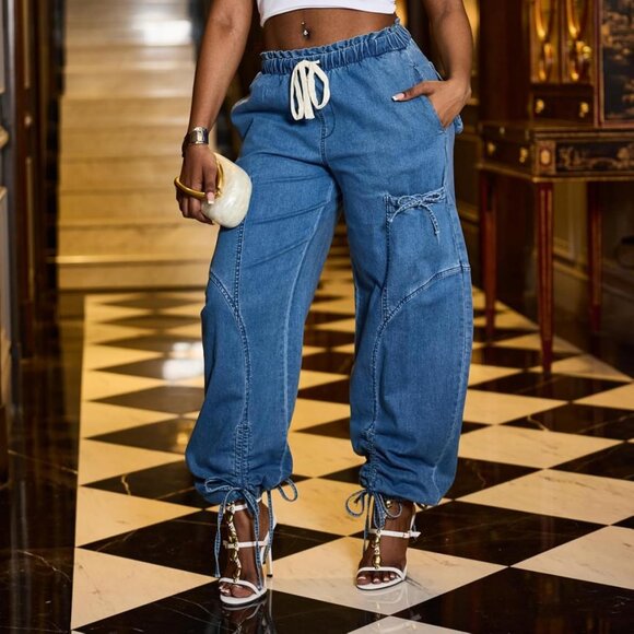 Women's Plus Size Wide Leg Baggy Jeans Stretch Denim Casual Streetwear - Picture 2 of 4